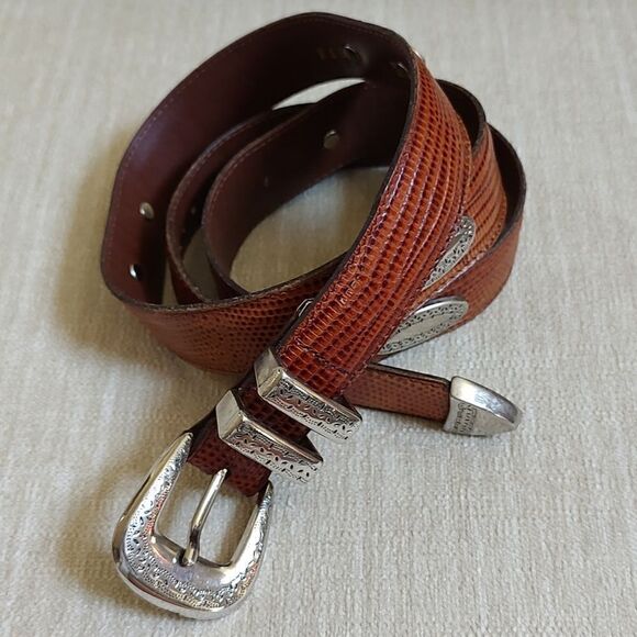 FootJoy Brown Embossed Leather Medallion Studded Men's Belt Silver Buckle & Tip - Picture 1 of 13